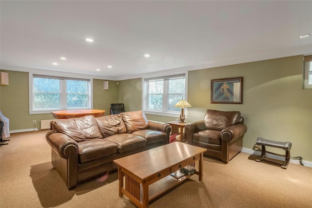 50 Overlook Dr, Chappaqua, NY 10514 - living room featuring radiator, light carpet, plenty of natural light, and recessed lighting
