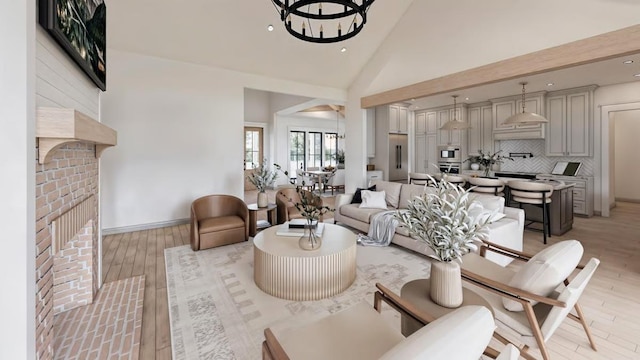 14 Akindale Rd, Pawling, NY 12564 - living room featuring light wood-style flooring, a chandelier, recessed lighting, a fireplace, and high vaulted ceiling