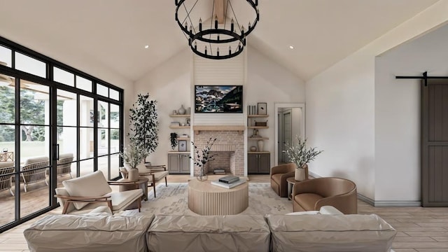 14 Akindale Rd, Pawling, NY 12564 - living area featuring high vaulted ceiling, light wood-style flooring, a barn door, a fireplace, and a chandelier