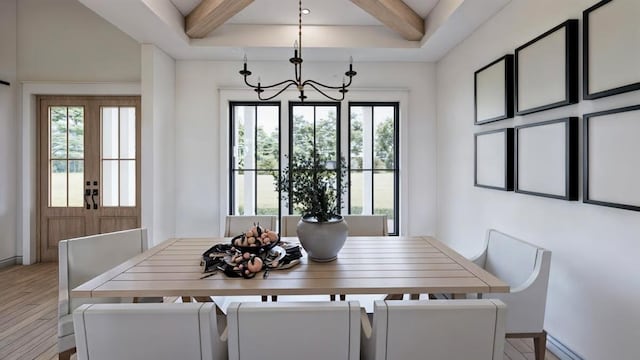 14 Akindale Rd, Pawling, NY 12564 - dining area featuring beam ceiling, a chandelier, and wood finished floors