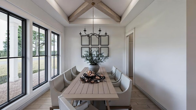 14 Akindale Rd, Pawling, NY 12564 - dining room featuring beam ceiling, coffered ceiling, a chandelier, and light wood-style flooring