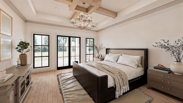 14 Akindale Rd, Pawling, NY 12564 - bedroom with coffered ceiling, multiple windows, light wood finished floors, a chandelier, and beam ceiling