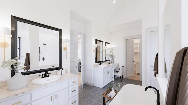14 Akindale Rd, Pawling, NY 12564 - full bath with two vanities, a freestanding tub, lofted ceiling, and tile patterned flooring