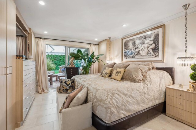 545 Hampton Rd Unit 16, Southampton, NY 11968 - bedroom with access to outside, crown molding, recessed lighting, and light tile patterned floors