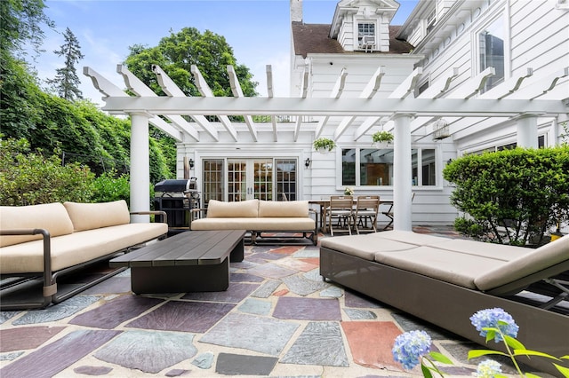 121 Overlook Cir, New Rochelle, NY 10804 - view of patio with an outdoor hangout area, a pergola, outdoor dining area, and french doors