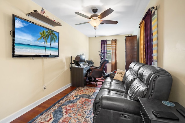 427 Benito St, East Meadow, NY 11554 - living room featuring dark wood finished floors, a ceiling fan, and an office area