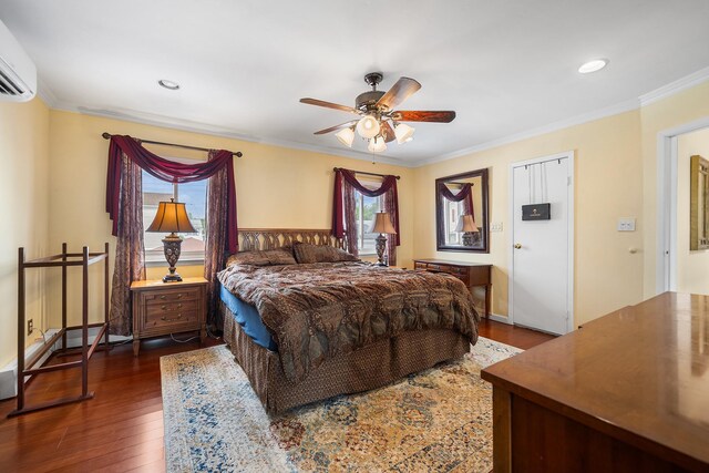 427 Benito St, East Meadow, NY 11554 - bedroom with a wall mounted AC, dark wood finished floors, ornamental molding, recessed lighting, and a ceiling fan