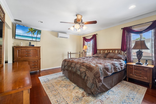 427 Benito St, East Meadow, NY 11554 - bedroom featuring ornamental molding, a wall unit AC, wood finished floors, recessed lighting, and a ceiling fan