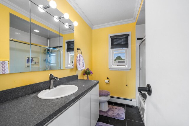 427 Benito St, East Meadow, NY 11554 - full bath with baseboard heating, tile patterned floors, vanity, ornamental molding, and enclosed tub / shower combo
