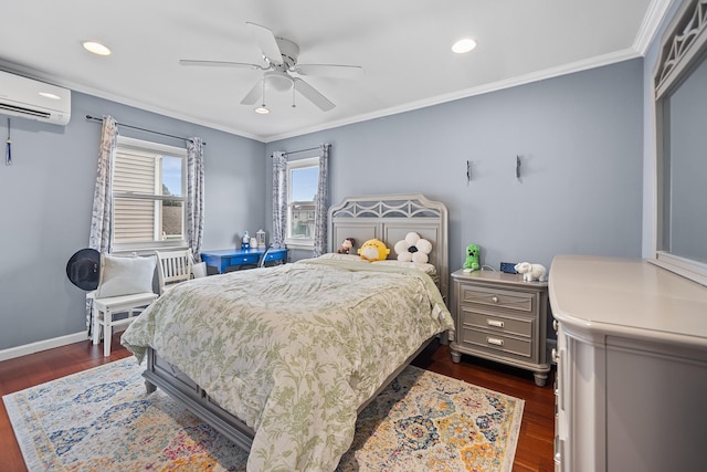427 Benito St, East Meadow, NY 11554 - bedroom featuring a wall mounted air conditioner, crown molding, dark wood-style floors, recessed lighting, and ceiling fan