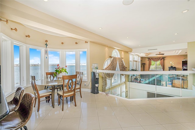 30 Aviva Ct, Staten Island, NY 10307 - dining room featuring a water view, light tile patterned flooring, and recessed lighting