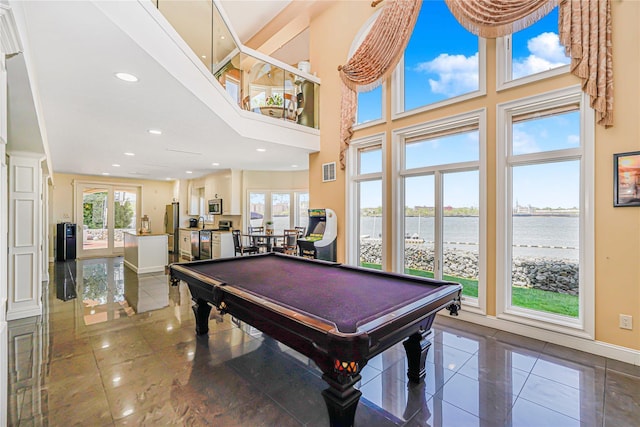 30 Aviva Ct, Staten Island, NY 10307 - game room featuring a water view, billiards, a high ceiling, and recessed lighting