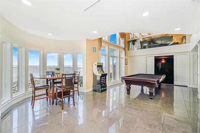 30 Aviva Ct, Staten Island, NY 10307 - game room with pool table, recessed lighting, a water view, and marble tiled flooring