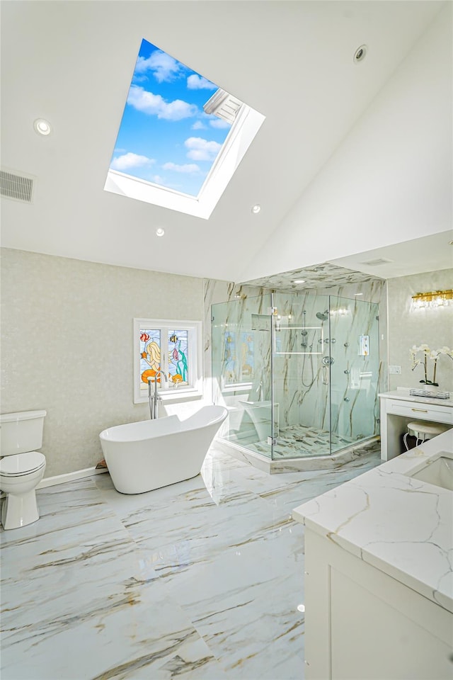 30 Aviva Ct, Staten Island, NY 10307 - bathroom with a marble finish shower, a skylight, marble tiled floors, a freestanding bath, and recessed lighting
