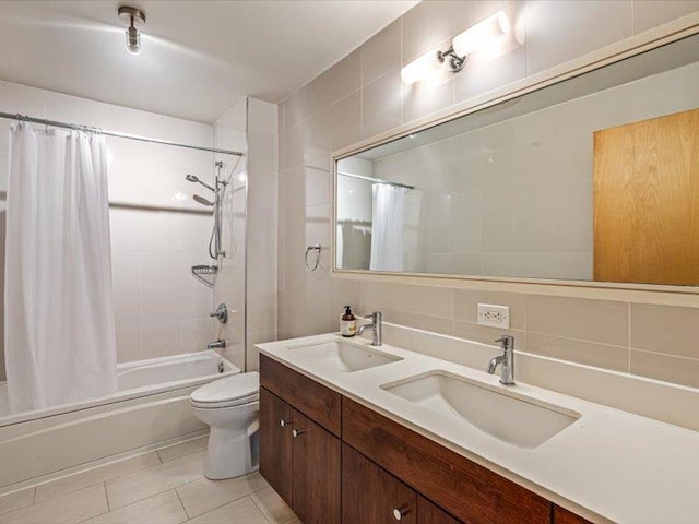14 Hope St Unit 3F, Brooklyn, NY 11211 - bathroom featuring shower / bath combination with curtain, double vanity, tile patterned floors, tile walls, and backsplash