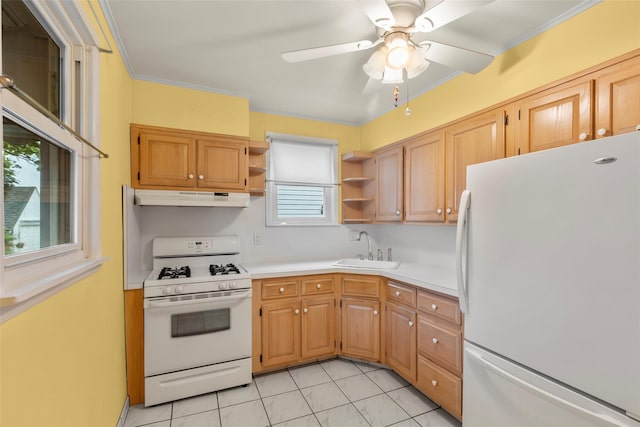 72 Putnam Ave, Valley Stream, NY 11580 - kitchen with white appliances, under cabinet range hood, open shelves, light countertops, and a ceiling fan