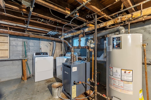 72 Putnam Ave, Valley Stream, NY 11580 - unfinished basement with water heater, a heating unit, and separate washer and dryer