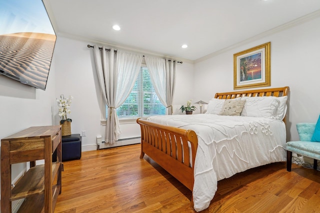10 Willow Dr, Suffern, NY 10901 - bedroom featuring ornamental molding, a baseboard heating unit, wood finished floors, and recessed lighting