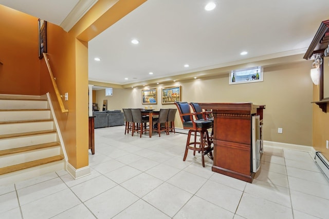 10 Willow Dr, Suffern, NY 10901 - indoor dry bar with crown molding, recessed lighting, stairs, and light tile patterned flooring