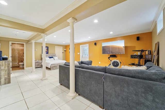 10 Willow Dr, Suffern, NY 10901 - living room featuring decorative columns, ornamental molding, light tile patterned floors, and recessed lighting