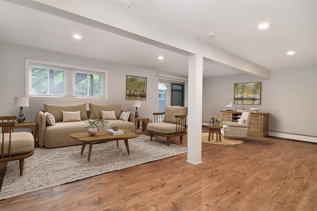 27 Temple Rd, Dobbs Ferry, NY 10522 - living room with a baseboard radiator, wood finished floors, and recessed lighting