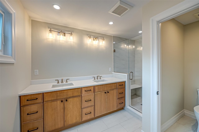 100 Root Ave, Islip, NY 11751 - full bathroom featuring a stall shower, tile patterned flooring, recessed lighting, and double vanity