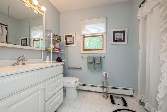 1581 Shirley Ct, North Merrick, NY 11566 - full bathroom with a baseboard radiator, vanity, tile patterned flooring, and curtained shower