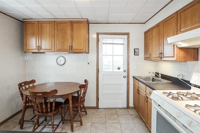 2199 Mcarthur St, East Meadow, NY 11554 - kitchen with white range with gas stovetop, brown cabinetry, under cabinet range hood, and dark countertops