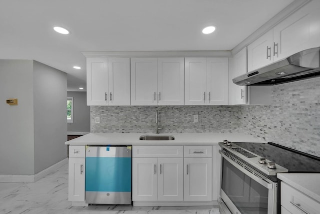 5439 Expressway Dr N, Holtsville, NY 11742 - kitchen with dishwasher, stainless steel electric stove, under cabinet range hood, white cabinets, and light countertops