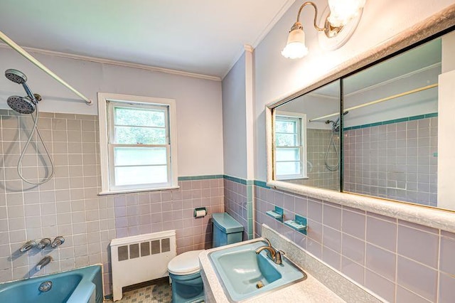 83 Bellerose Ave, East Northport, NY 11731 - bathroom featuring radiator, tile walls, shower / bath combination, ornamental molding, and a wainscoted wall