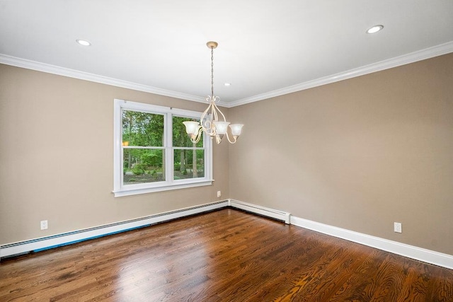 109 Oakside Dr, Smithtown, NY 11787 - spare room featuring a chandelier, crown molding, wood finished floors, recessed lighting, and a baseboard heating unit