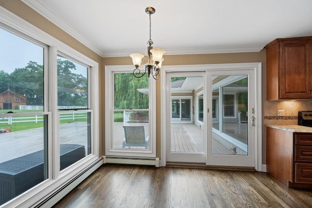109 Oakside Dr, Smithtown, NY 11787 - unfurnished dining area with a chandelier, wood finished floors, ornamental molding, and a baseboard radiator