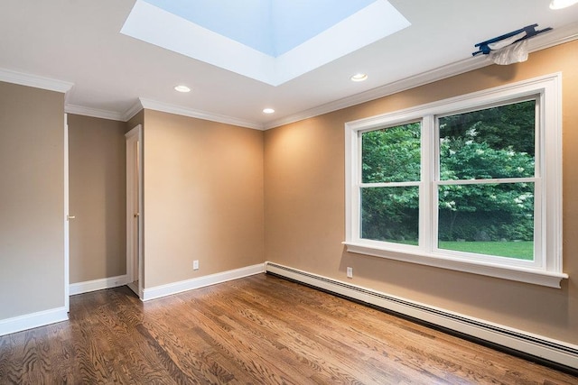 109 Oakside Dr, Smithtown, NY 11787 - empty room featuring a baseboard radiator, a skylight, wood finished floors, ornamental molding, and recessed lighting