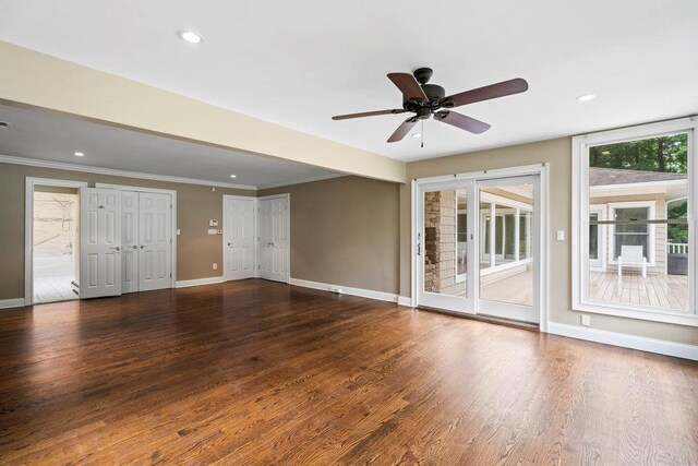 109 Oakside Dr, Smithtown, NY 11787 - unfurnished living room featuring ceiling fan, crown molding, wood finished floors, and recessed lighting