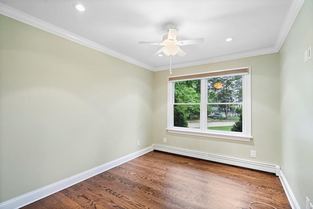 109 Oakside Dr, Smithtown, NY 11787 - empty room with a baseboard radiator, dark wood-style floors, ornamental molding, ceiling fan, and recessed lighting