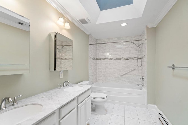 109 Oakside Dr, Smithtown, NY 11787 - full bath with baseboard heating, double vanity, bathtub / shower combination, crown molding, and recessed lighting