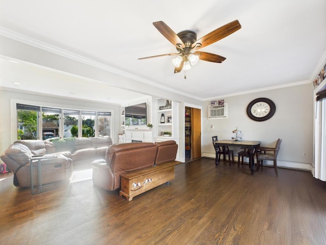 554 S 8th St, Lindenhurst, NY 11757 - living area with crown molding, a ceiling fan, dark wood-type flooring, a fireplace, and built in features