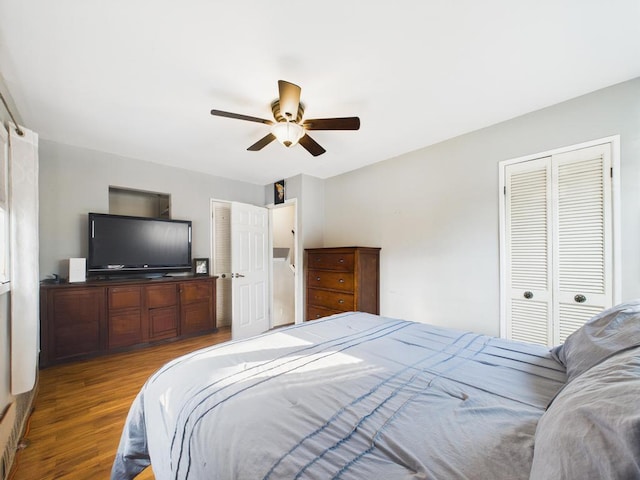 554 S 8th St, Lindenhurst, NY 11757 - bedroom featuring wood finished floors, a closet, and ceiling fan
