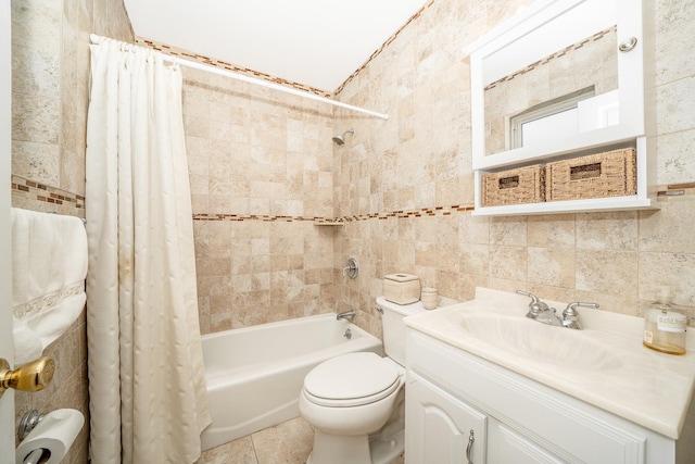 40 Syracuse St, Williston Park, NY 11596 - bathroom featuring tile walls, shower / bath combination with curtain, vanity, and tile patterned floors