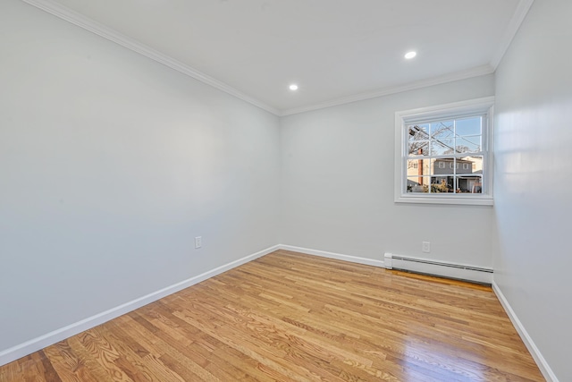 7 Felms Ct, Bethpage, NY 11714 - empty room featuring baseboard heating, light wood-style flooring, ornamental molding, and recessed lighting