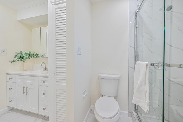 7 Felms Ct, Bethpage, NY 11714 - full bath featuring a marble finish shower, vanity, marble look tile flooring, ornamental molding, and a closet