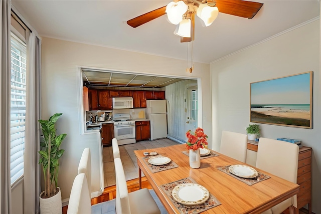 926 9th St, West Babylon, NY 11704 - dining area with a ceiling fan, light wood-style flooring, and crown molding