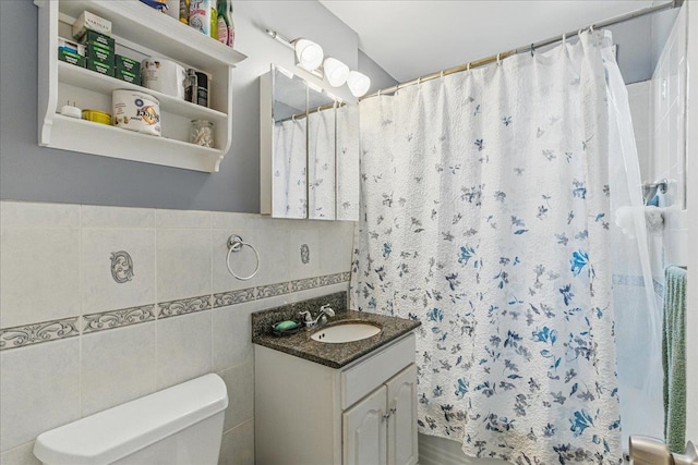199-44 19th Ave Unit 1-34, Whitestone, NY 11357 - bathroom with vanity, tile walls, and a shower with curtain