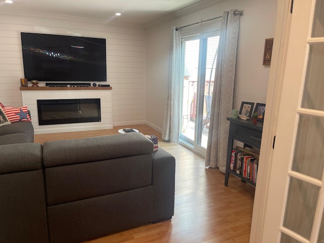 892 Skyline Dr Unit 892, Coram, NY 11727 - living room with light wood finished floors, a glass covered fireplace, crown molding, recessed lighting, and wooden walls