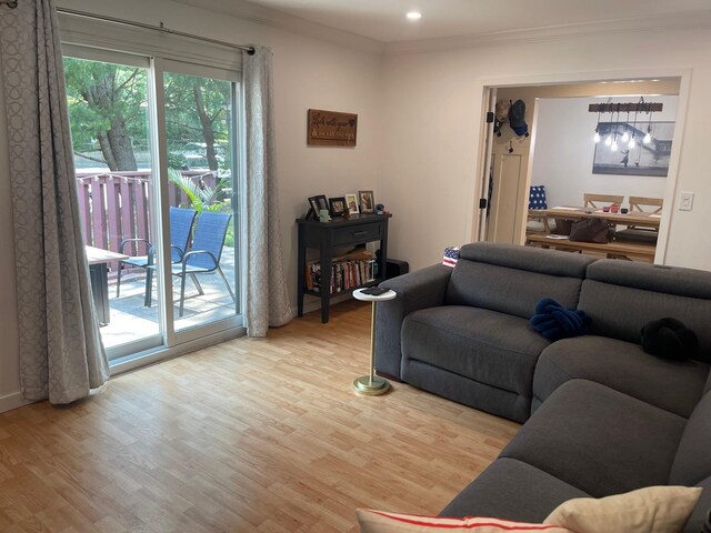 892 Skyline Dr Unit 892, Coram, NY 11727 - living room featuring light wood-style flooring, ornamental molding, and recessed lighting
