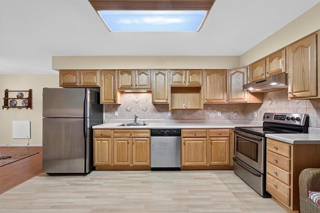 114 Bushwick Rd, Poughkeepsie, NY 12603 - kitchen with stainless steel appliances, under cabinet range hood, light wood-style floors, and decorative backsplash