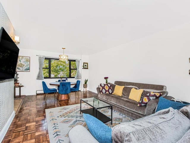 505 Central Ave Unit 618, White Plains, NY 10606 - living room featuring a chandelier and a baseboard radiator