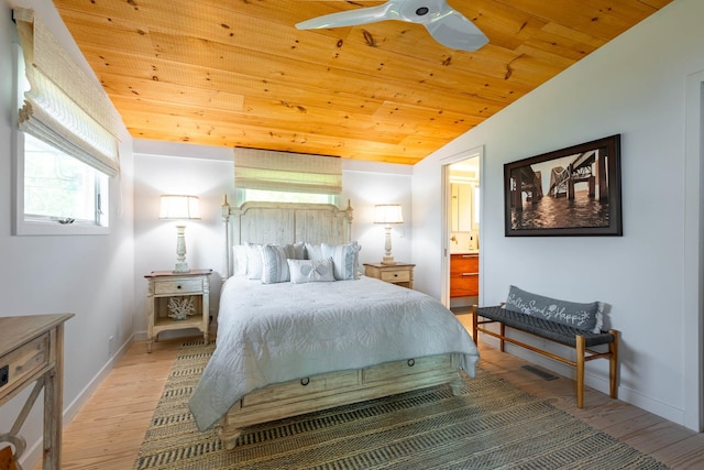 66 Hawser Dr, Oak Beach, NY 11702 - bedroom with wooden ceiling, wood finished floors, vaulted ceiling, and connected bathroom