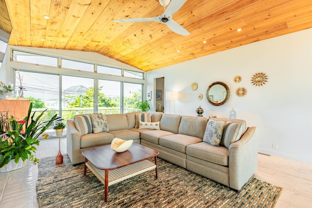 66 Hawser Dr, Oak Beach, NY 11702 - living area featuring wooden ceiling, lofted ceiling, wood finished floors, and ceiling fan