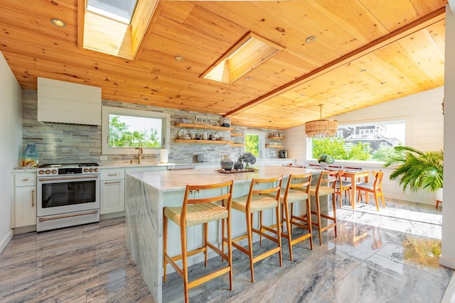 66 Hawser Dr, Oak Beach, NY 11702 - kitchen with high end white range oven, open shelves, healthy amount of natural light, a skylight, and wood ceiling